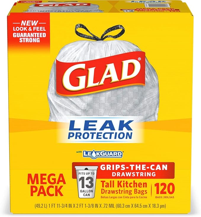 Glad Tall Kitchen Drawstring Trash Bags - 13 Gallon - 120 Count - 3 Boxes/Case