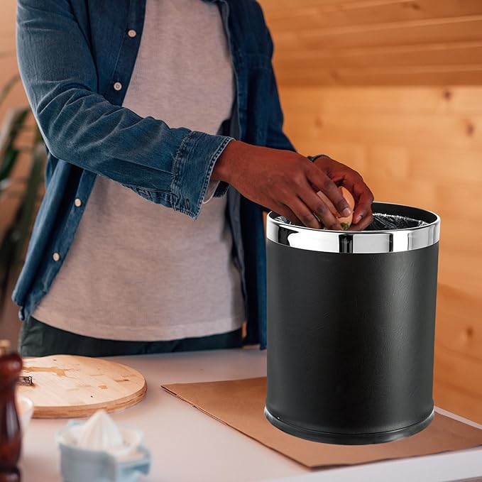 'Invisi-Overlap' Open top Leatherette Trash Can Small Office Wastebasket Modern Home Décor Round Shape (Black)