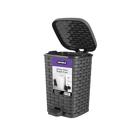 Superio Mini Trash Can with Foot Pedal Small Outdoor Garbage Can with Lid 1.5 Gallon Plastic Waste Basket for Bathroom Bedroom Kitchen Office Patio (Wicker Grey 6 QT.)