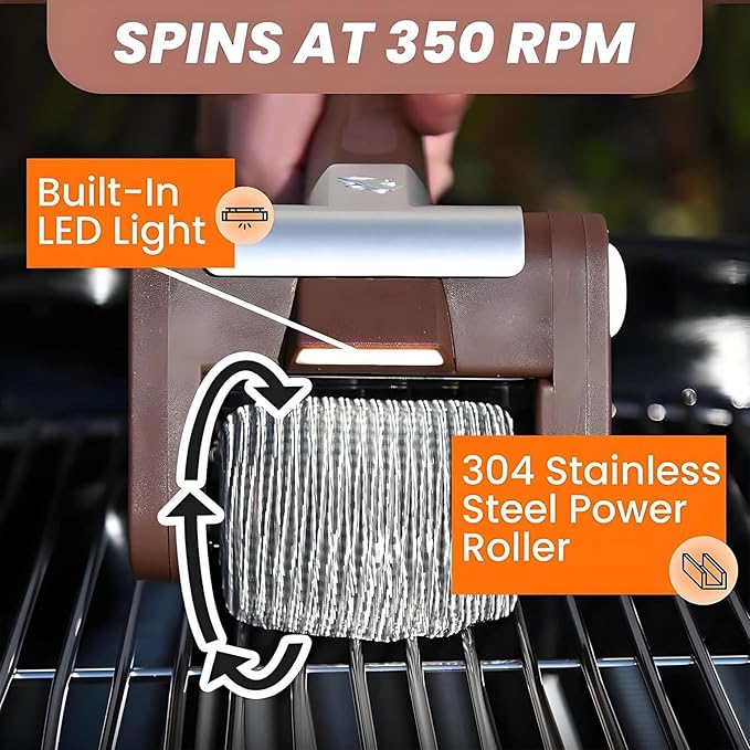 Electric Grill Cleaner Hair-Free Stainless Steel Roller 350 RPM High-Speed Motor Led Spotlight Design Cordless Outdoor Grill Cleaner
