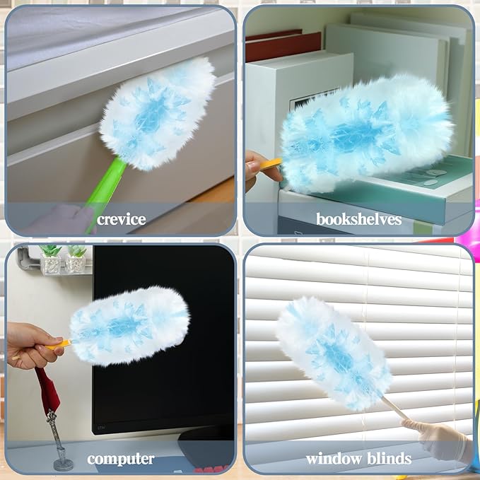 Vesici 100 Pcs Duster Refills Compatible with Swiffer Dusters Bulk Disposable Replacement Thickened with 1 Handle Heavy Duty for Cleaning Office (Blue)