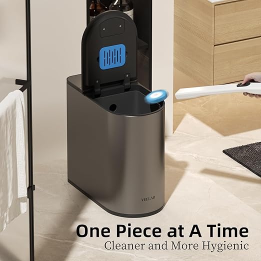 Bathroom Trash Can with Lid - Motion Sensor Smart Garbage Bin with Toilet Brush 2 Gallon / 7L Small Automatic Trash Can Odor-Control for Bathroom (Grey with Toilet Brush)