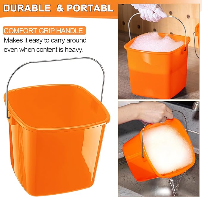 Zhehao 6 Pcs 3 Quart Bucket for Cleaning Small Sanitizer Bucket for Restaurant Square Plastic Pail with Handles for Home Offices Commercial Use Food Service(Orange)