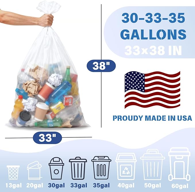 30 33 35 Gallon Clear Trash Bags 250 Count High Density Garbage Bags Made in USA Recycling Trash Can Liners Puncture-Resistant Plastic Waste Bags for Kitchens Yards Offices Commercial
