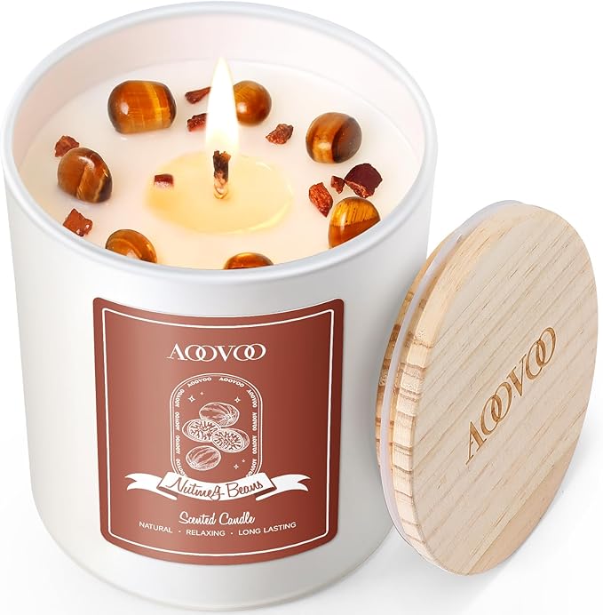 AOOVOO Nutmeg Beans Scented Candles for Women - Aromatherapy Candle with Crystals Inside 10oz Soy Candles for Home Scented Birthday Gifts Valentines Day Candle for Women Mom