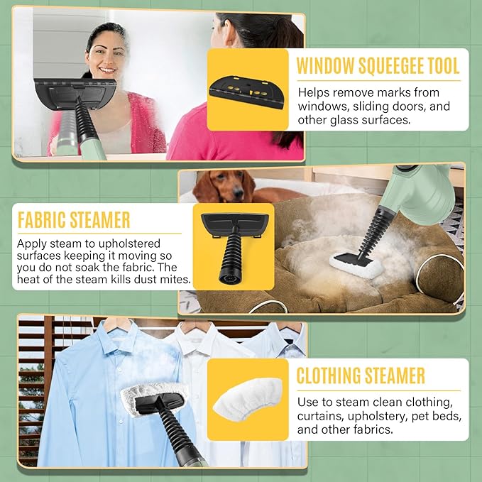 Handheld Steam Cleaner for Home High-Pressure Chemical-Free Steamer with 10 Accessories for Deep Cleaning and Less Scrubbing on Kitchen Grease Bathroom Tile Grout Floor and Couch(Green)