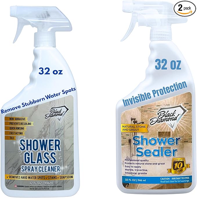 Black Diamond Stoneworks Bathroom Glass Cleaner Spray &amp Natural Stone Shower Sealer – 2 Pack Bathroom Bundle for Crystal-Clear Glass and Long-Lasting Stone Protection