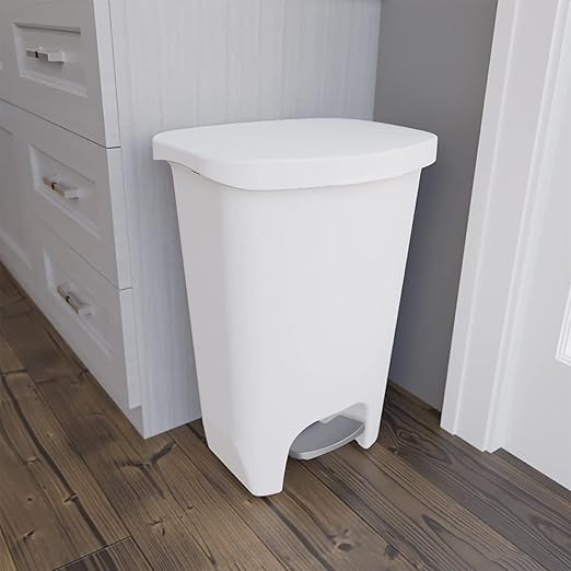 Glad 13 Gallon Trash Can | Plastic Kitchen Waste Bin with Odor Protection of Lid | Hands Free with Step On Foot Pedal and Garbage Bag Rings 13 Gallon White