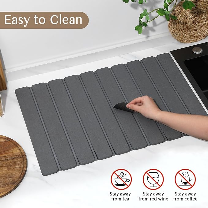 Large Stone Dish Drying Mat for Kitchen Counter Thin &amp Light Quick Dry Stone Dishes Mat Foldable Water Absorbing Diatomite Drying Pad for Kitchen Bathroom Sink Countertop (Pure Gray 24×16 &amp