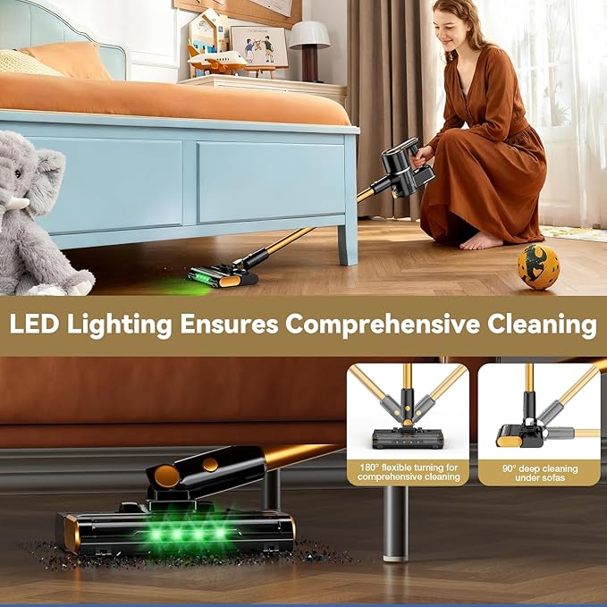 Cordless Vacuum Cleaner 600W 50000PA Stick Vacuum Cleaners and Mop In One4000mAh Battery with 60 Min Runtime LED Screen and Green Headlights Handheld Vacuum for Pet Hair Floors Carpet Sofa