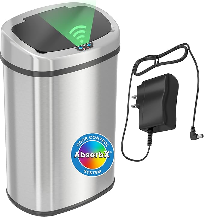 SensorCan 13 Gallon Oval Sensor Trash Can with AC Adapter and Odor Filter Automatic Motion Sensor Kitchen Bin Soft-Close Stainless Steel Slim Curved Wastebasket for Narrow Walkways Matte Silver