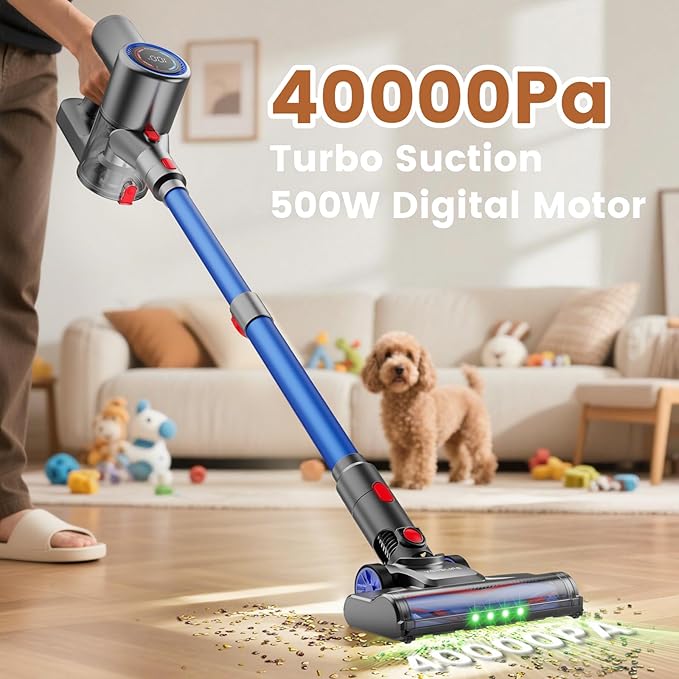 VersLife Z8 Cordless Vacuum Cleaner 40kPa/500W Power Suction LED Display 6-in-1 Lightweight Stick Vacuum with Green LED Light 6-Stages Filtration Self-Standing for Pet Hair Hard Floor Carpet