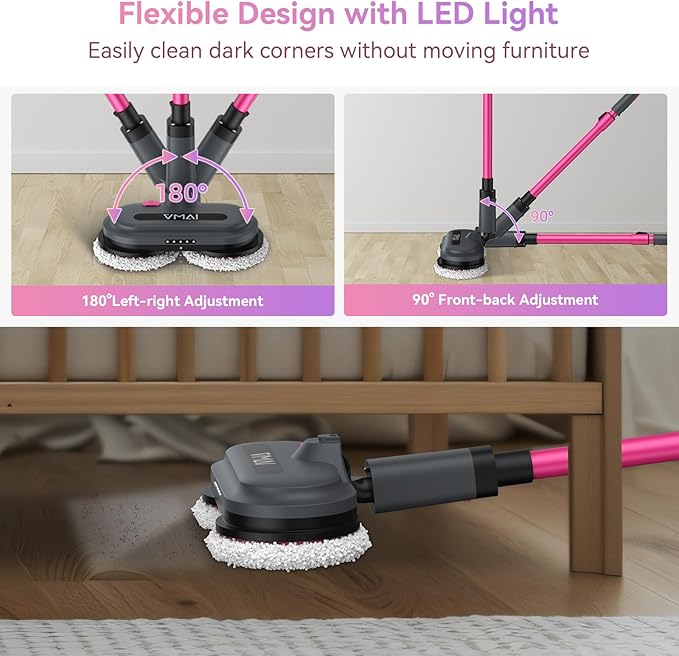 VMAI Cordless Electric Mop for Floor CleaningWater Sprayer Spin Mop with 300ML Water TankLED Lighting and Removable BatteryUp to 60mins Working Time for Hardwood Tile Laminate Marble Floor(Rose)