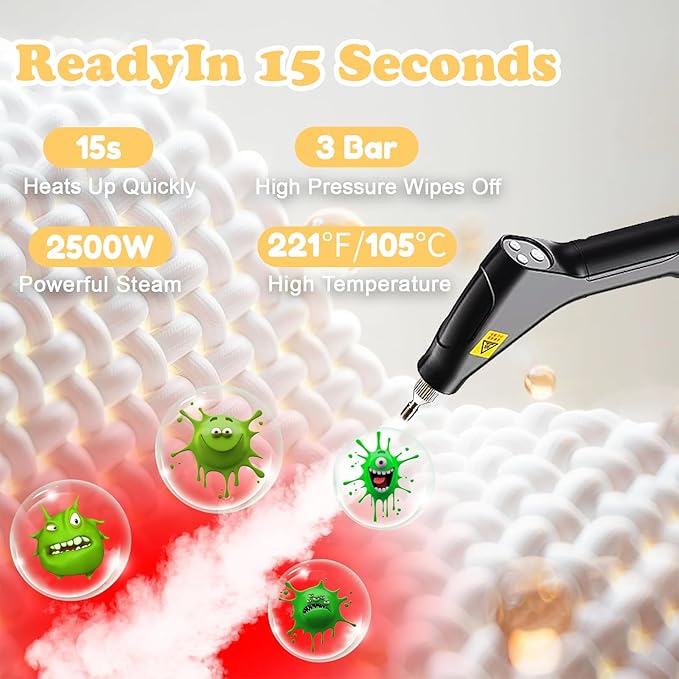 15s Fast Heating Steam Cleaner 6 Adjustable Levels1.2L Large Capacity2500W High Pressure Steam Cleaner with 5 Brush HeadsGlovesHandheld Steamer for Home Tile Floor Couch Cleaning