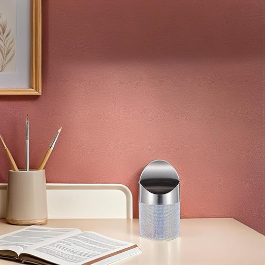 TOYANDONA Mini Trash Can with Flip Lid Stainless Steel Round Desktop Wastebasket with Colorful Rhinestones Compact Garbage Bin for Bedroom Office Small Spaces