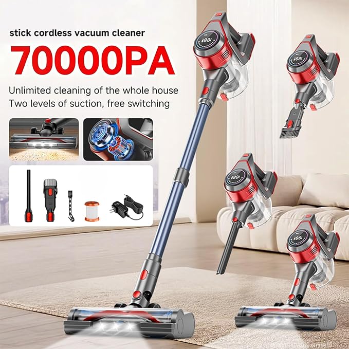 KIKETECH Cordless Vacuum Cleaner Stick Vacuum Cleaners for Home Handheld Vacuum Cleaners for Home for Pet Hair/Carpet/Floor (Grayish red)