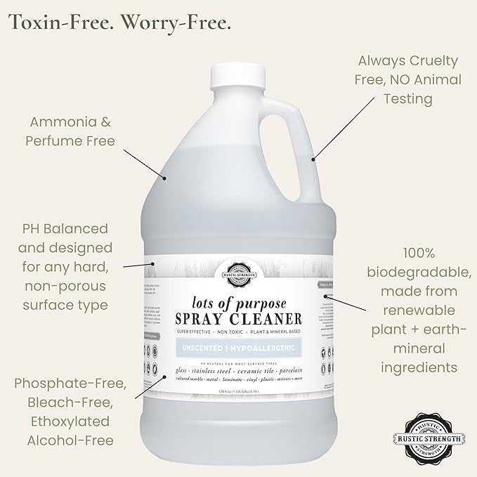 Rustic Strength Lots of Purpose Spray Cleaner Unscented Multi-Surface pH Balanced Non-Toxic Biodegradable 1 Gallon Plastic