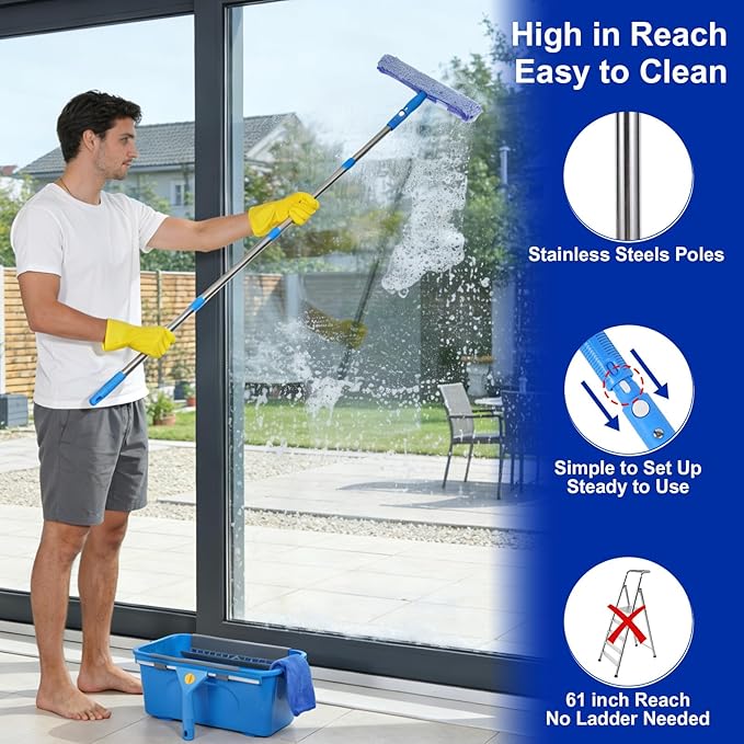 Professional Window Cleaning Kit Window Washing Kit with 3 Gallon Bucket 14-Inch Squeegee &amp 15-Inch Scrubber 61-Inch Extendable Pole Window Cleaning Equipment for Home &amp Commercial Use