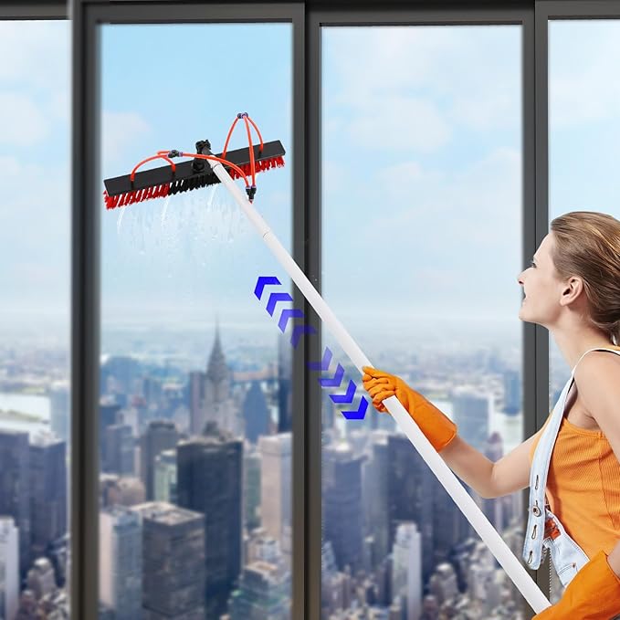26FT Window Cleaning Water Fed Brush Kit 21.6'' Detachable Brush Head Window Glass Washing Cleaner Equipment Kit Adjustable Telescopic Pole Tool for Household &amp Outdoor