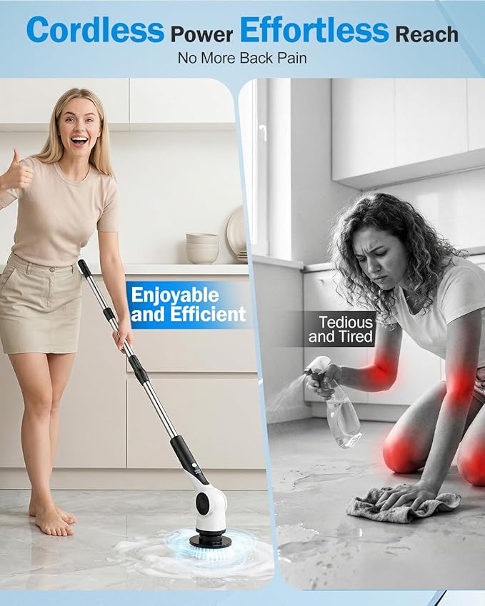 Electric Spin Scrubber 3-Speed Cordless Shower Scrubber with 90° Adjustable &amp 10 Replaceable Brush Heads 90 Mins Runtime &amp Full-Body IPX7 Waterproof Shower Cleaner Brush with Long Handle