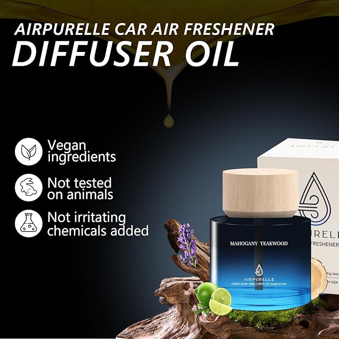 Car Air Freshener 50ML (1.7 FL OZ) Car Air Fresheners Perfume - Mahogany Teakwood Fragrance Oil Air Diffuser for Car 180+ days Long Lasting Fragrance Wooden Cup Design Car Fresheners Made in USA