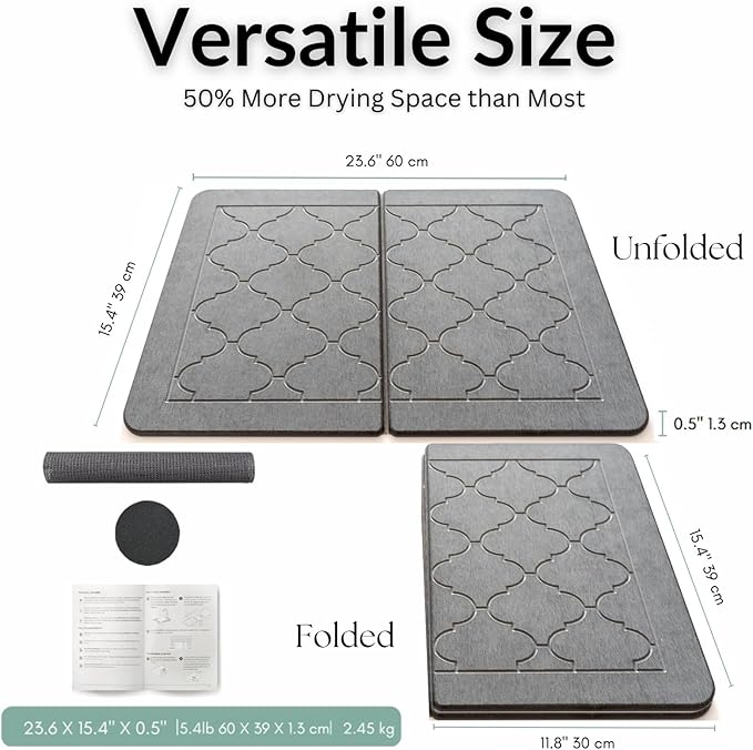BARTEQ Large Stone Dish Drying Mat 23.6” X 15.4 Foldable Diatomaceous Drying Mat for Kitchen Counter Non-Slip Quick Drying Stone - Moroccan Trellis Grey