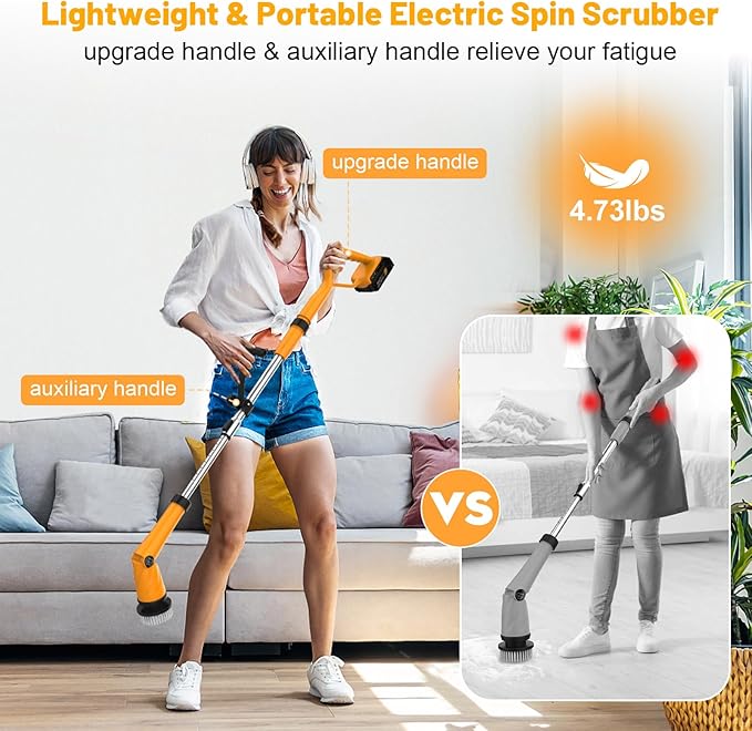 1500 RPM Electric Spin Scrubber for DeWalt 20V Battery Power Shower Scrubber for Bathroom/Floor/Bathtub/Toilet/TileElectric Cleaning Brush with Long Handle &amp 8 Replaceable Brush (Yellow)