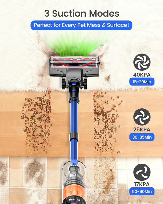 Cordless Vacuum Cleaner 500W Vacuum Cleaners for Home Pet Hair 60Mins Cordless Stick Vacuums with LED Display Anti-Tangle Lightweight Vacuum for Hard Floors CarpetBlue