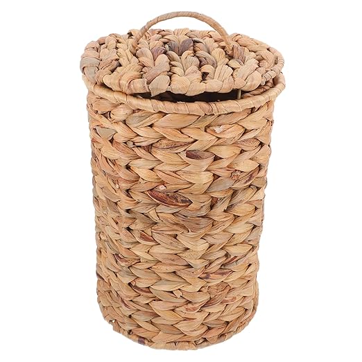 Zerodeko Natural Woven Hyacinth Trash Can with Lid Decorative Rattan Wastebasket for Bathroom Bedroom Kitchen Multi Purpose Storage Bin for Essentials Compact Lightweight Design