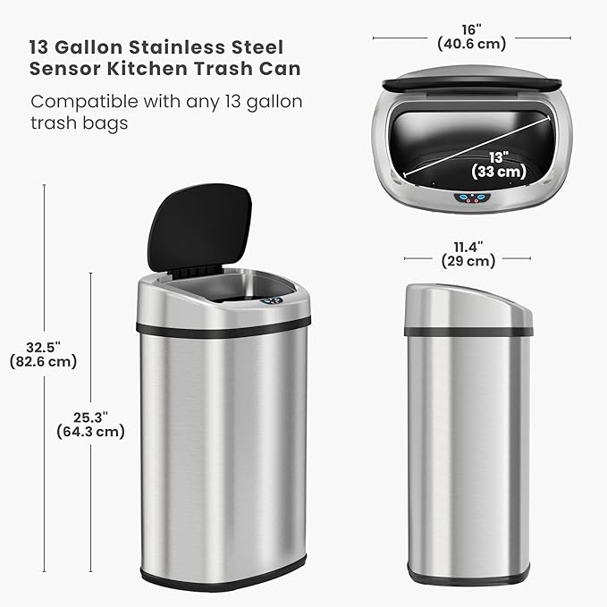 iTouchless 13 Gallon Oval Sensor Trash Can with Odor Filter Fingerprint-Proof Stainless Steel 50 Liter Automatic Kitchen Garbage Bin Smart Hands-Free Motion Lid Quiet Soft-Close Brushed Silver
