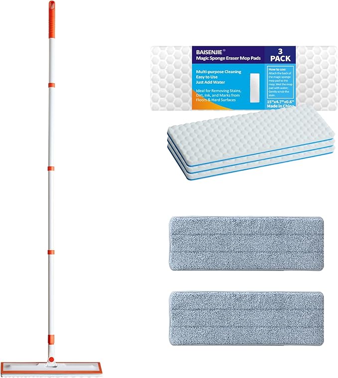 Magic Sponge Eraser Mop 56 Handle with Flexible 15 Flat Head2 Microfiber Pad and 3 Magic Sponge Eraser Pads (Mop Set15 Mop-Head)
