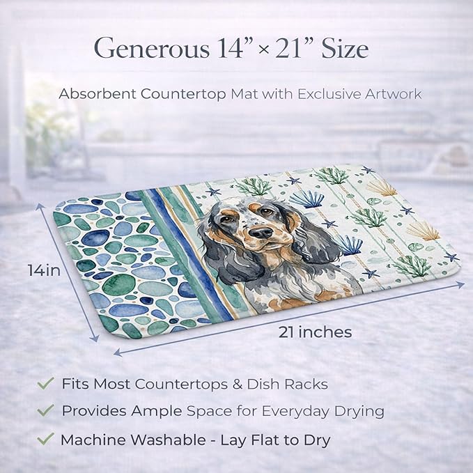 Caroline's Treasures Blue Roan &amp Tan English Cocker Spaniel Coastal Sea Glass Dish Drying Mat Absorbent Dish Drying Mat Pad for Kitchen Counter Dish Drainer Mat for Countertop 14 x 21 Multicolo