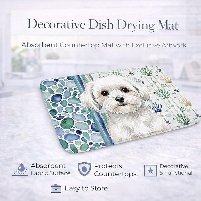 Caroline's Treasures Maltese Coastal Sea Glass Dish Drying Mat Absorbent Dish Drying Mat Pad for Kitchen Counter Dish Drainer Mat for Countertop 14 x 21 Multicolor