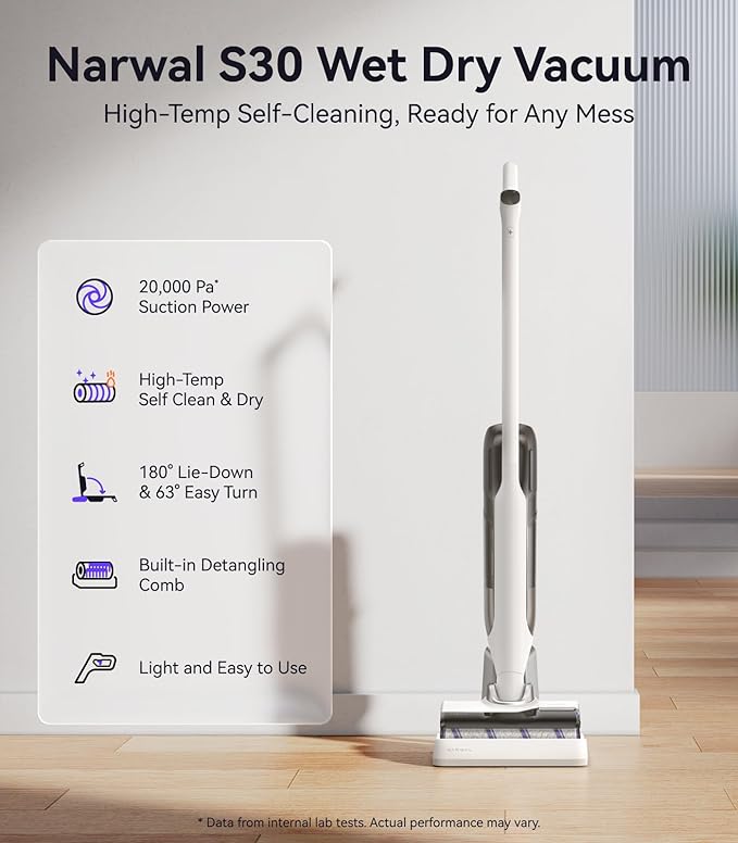 NARWAL S30 Wet Dry Vacuum Cleaner with 20000Pa Suction 176°F Self-Cleaning Heated Drying Disposable Waste Bag Tangle-Free Cordless Vacuum Mop for Hard Floors &amp Edge Cleaning Easy to Use