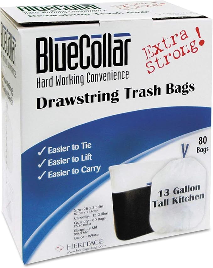 BlueCollar N4828EWRC1 Tall Kitchen Drawstring Trash Bags White 13 Gallon 0.8 Mil 240/Case Lot of 1