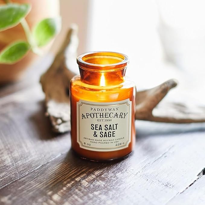 Paddywax Artisan Apothecary Scented Candle with Lid in Reusable Glass Jar Clean-Burn Soy Candle with Approx. 54 Hour Burn Time Sea Salt &amp Sage 8 oz.