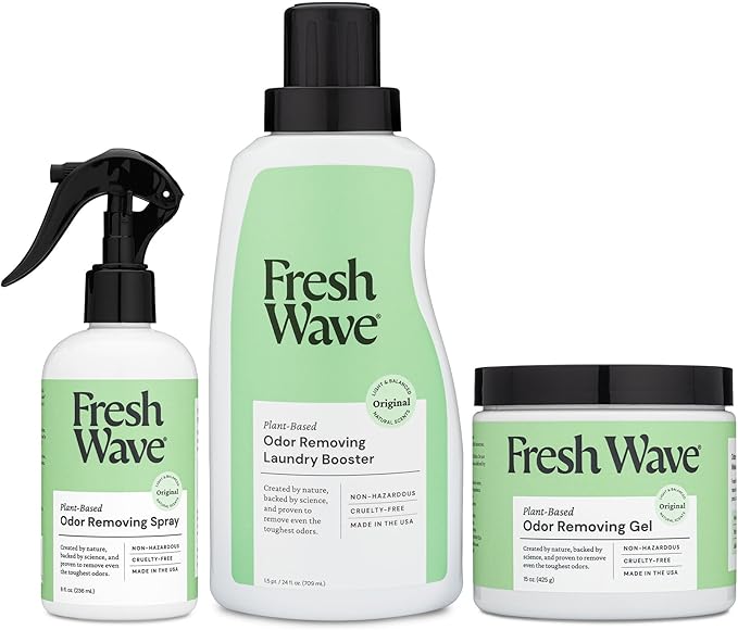 Fresh Wave Odor Removing Variety Bundle: (1) 8fl.oz Spray (1) 24 fl.oz Laundry Booster (1) 15 oz. Gel
