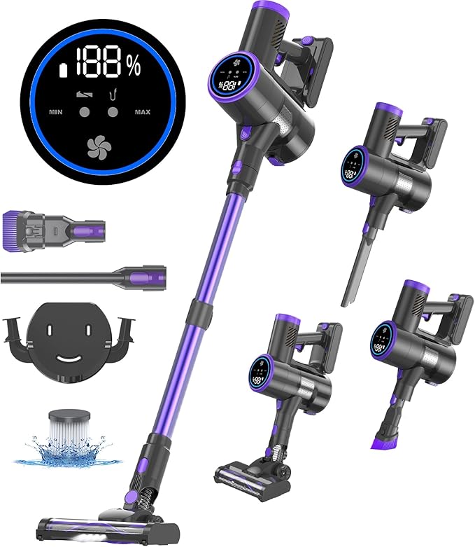 Cordless Vacuum Cleaner for Home 250W 20KPA Stick Vacuum with 40Min Runtime Detachable Battery 6 in 1 Lightweight Cordless Vacuum Cleaner with LED Display for Hardwood Floors Carpet Pet Hair Car