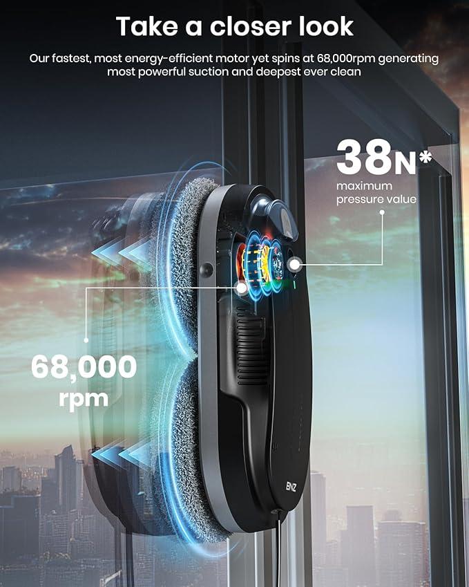 BNZ Smart Window Cleaning Robot Twin Turbo &amp Dual Auto-Spray Window Cleaner with Multiple Safety System AI Path Planning Frameless Edge Detection K1 (Matt Black)