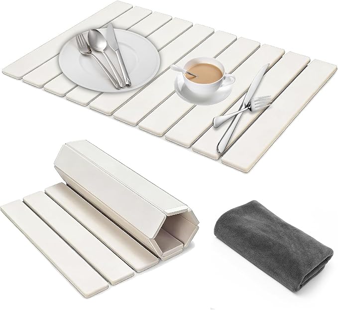 Dish Drying Mat Large Stone Dish Drying Mat For Kitchen Counter Collapsible Quick-Drying Sleek Diatomaceous Versatile Stone Drying Mats For Cups Dishes Bottles Marble (white 16''X24'')