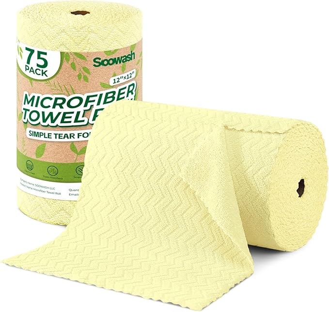 Microfiber Cleaning Cloths Roll 75 Pack Tear Away Microfiber Towels Roll 12 x 12 Lint Free Rags Reusable Cleaning Cloths Washable Scratch FreeUltra Absorbent Dish Rags(Yellow Ripple)