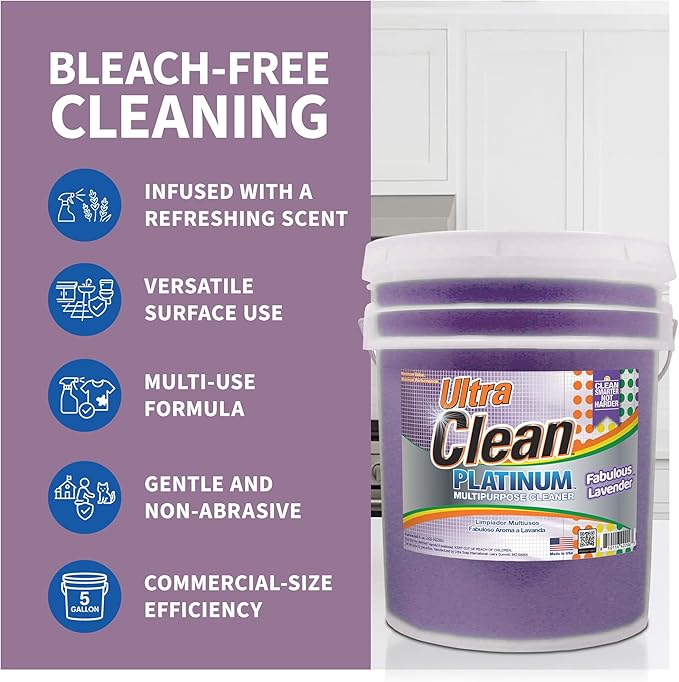 Ultra Clean Platinum Multipurpose Cleaner Non-Abrasive and Bleach-Free for Kitchen Counters Bathroom Floors and Garage Spaces Lavender 5 Gallons