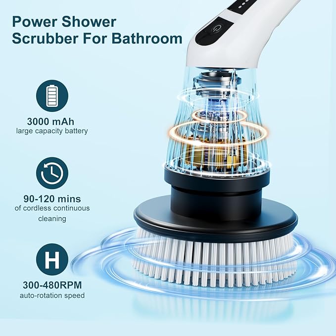 Electric Spin Scrubber with 7 Replaceable Brush HeadShower Scrubber with Long Handle7 in 1 Cordless Cleaning BrushPower Shower Scrubber for Bathroom Tub Tile Floor Kitchen WindowBlack