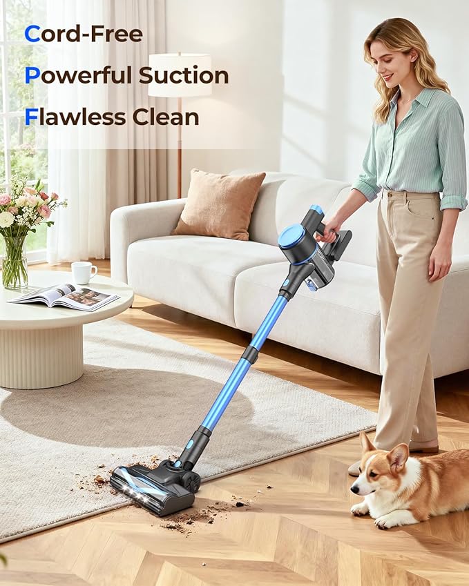 N8 Cordless Vacuum CleanerLightweight Stick Vacuum with Powerful Suction2200mAh Battery40 Mins Runtime Self-StandingRechargeable Vacuum Cleaners for Home Hardwood Floor Pet Hair (Azure)