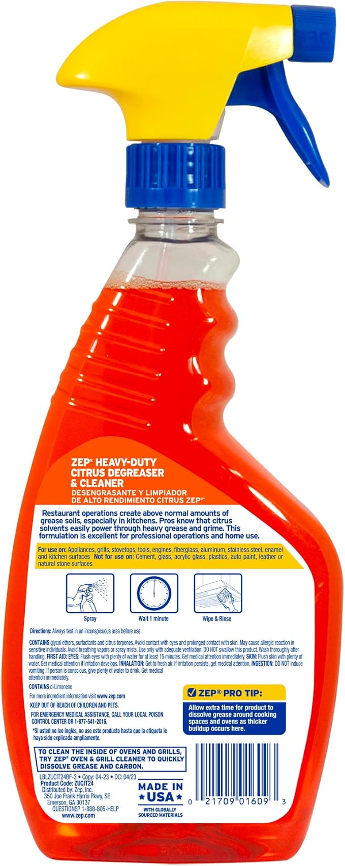 Zep Heavy-Duty Citrus Degreaser and Cleaner - 24 oz (Case of 12) ZUCIT24 - Restaurant Grade Removes Oil Grease Adhesive and Kitchen Soil on Stovetops Appliances