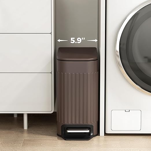 TrashAid Slim Bathroom Trash Can with Lid Soft Close 6 Liter/1.6 Gallon Stainless Steel Small Garbage Can with Removable Inner Bucket Step Pedal Slim Wastebasket for Toilet Office Bedroom Brown