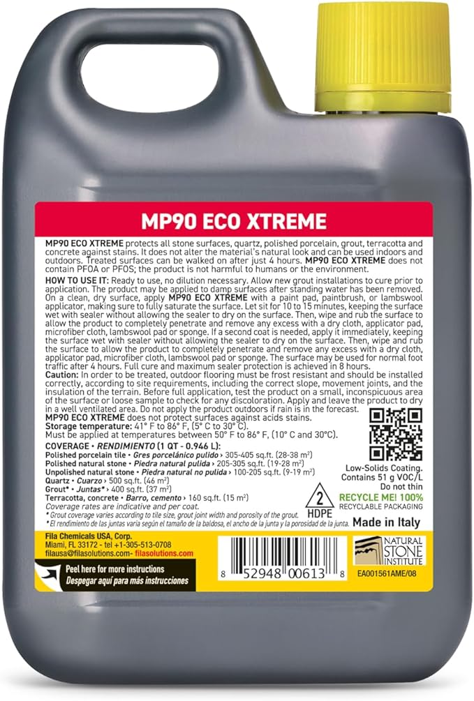 FILA Natural Stone Sealer MP90 ECO Xtreme Natural Look Sealer and Stain Protector Ideal for All Natural Stone Polished Porcelain Tile and Grout Eco-Friendly Water Based 1 QT
