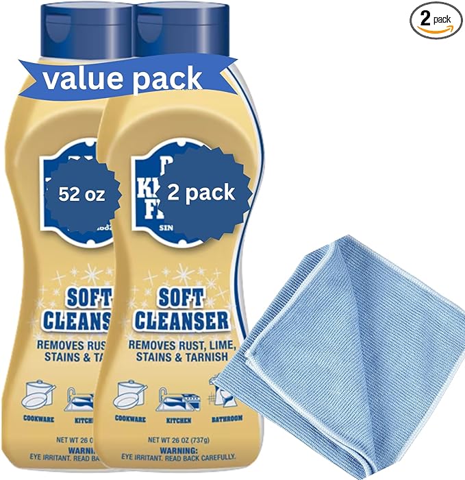 B-ar-Kee-per’s-Friend Soft Cleanser 26 oz - 2 packs + 1 Microfiber Cleaning Cloth - easily cleans tough spots
