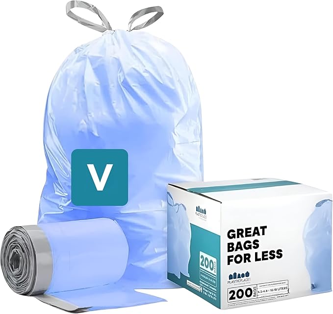Plasticplace Custom Fit Trash Bags Compatible with simplehuman Code V (200 Count) Tinted Blue Drawstring Garbage Liners 4.2-4.8 Gallon 14.5 x 28