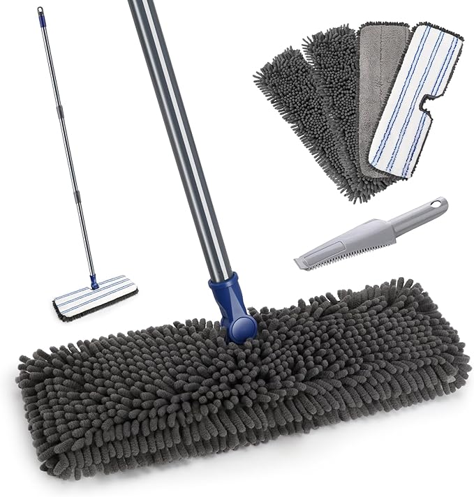 Mops for Floor Cleaning Masthome Flat Dust Mop with 4 Reusable Pads 2-Sided Microfiber Dust Mop for Wet &amp Dry Use Flat Flip Mops for Hardwood Laminate VinylKitchen Tile -1 Scraper